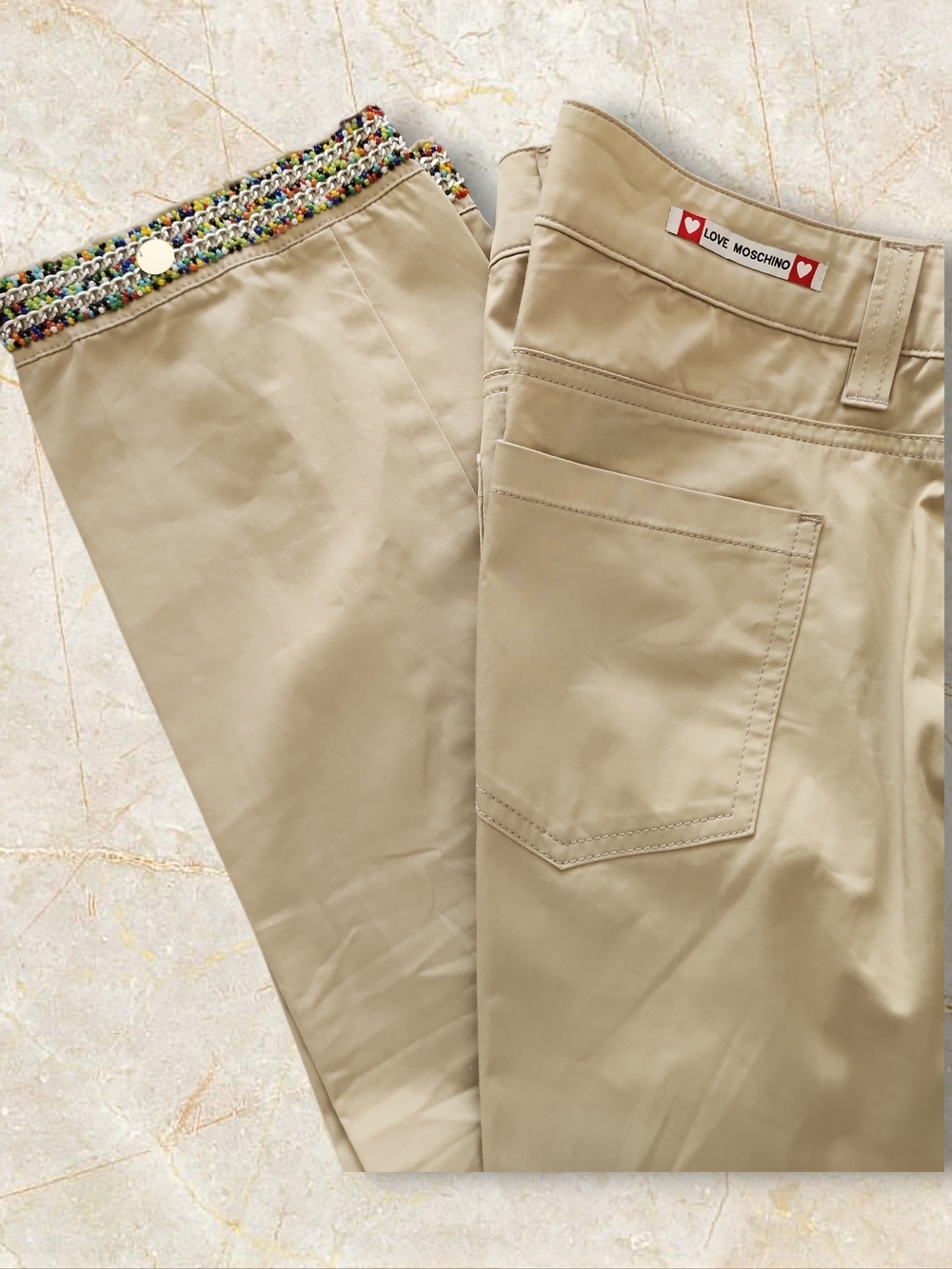 Love Moschino Tan Cotton-Blend Chinos with Embellished Waistband